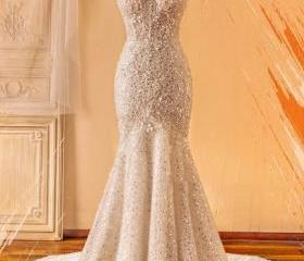 Timeless Mermaid High Neckline Sequin Ruffles Long Wedding Dress Bridal Dress main image 0