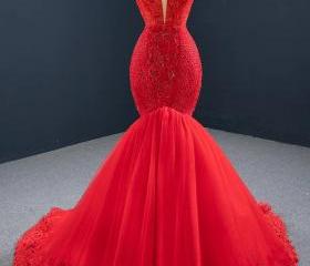 Glamorous Mermaid Sweetheart Long Sleeve Lace Red Evening Dress