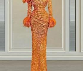 Sequin Gown With Feather Straps main image 0