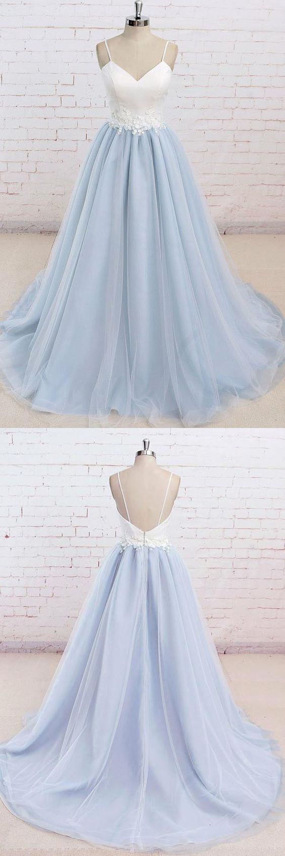Spaghetti Straps prom dress Sweep Train party dress Backless evening dress Light Blue party dress Tulle Prom Dress