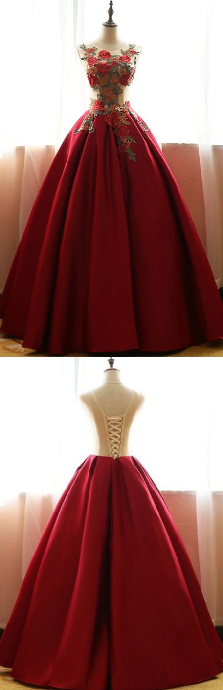 Round Prom Dresses, Red Long Prom Dresses, Red Quinceanera Dresses,floral Satin Aline Long Applique Ball Gown Prom Dress