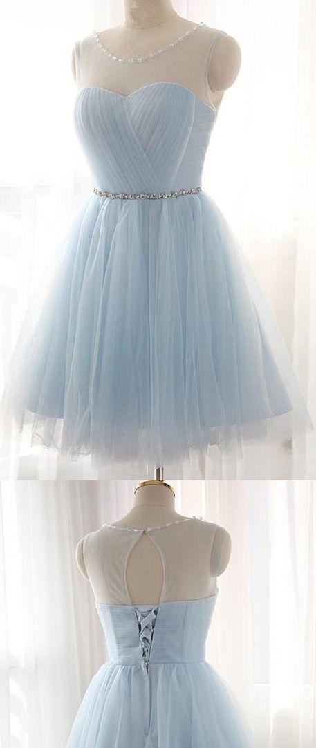 Custom Made Short Party Prom Dress Excellent Light Blue Prom Dresses With Round Lace Up Bandage Dresses, Homecoming Dress