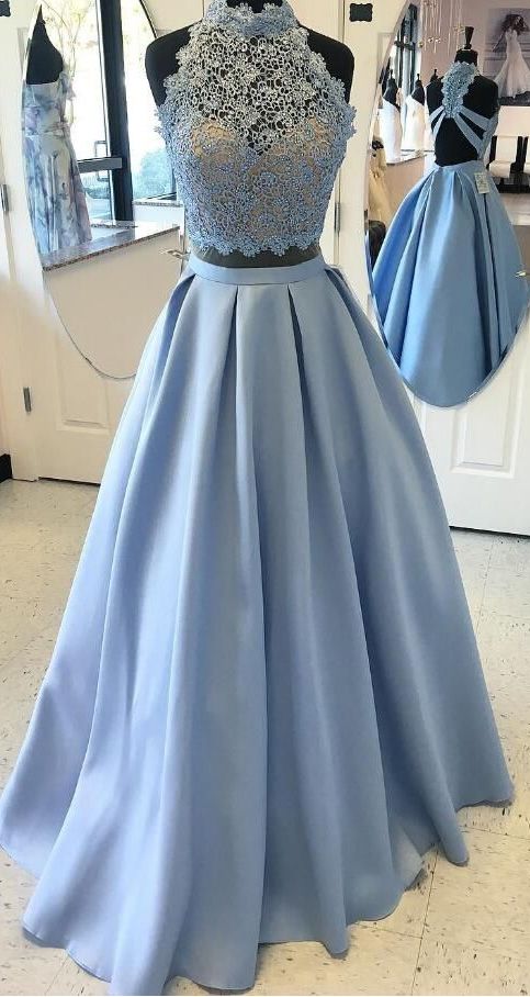 Blue Ball Gown Evening Prom Dresses Trendy Two Piece Halter Evening Dresses With Lace Zipper Dresses