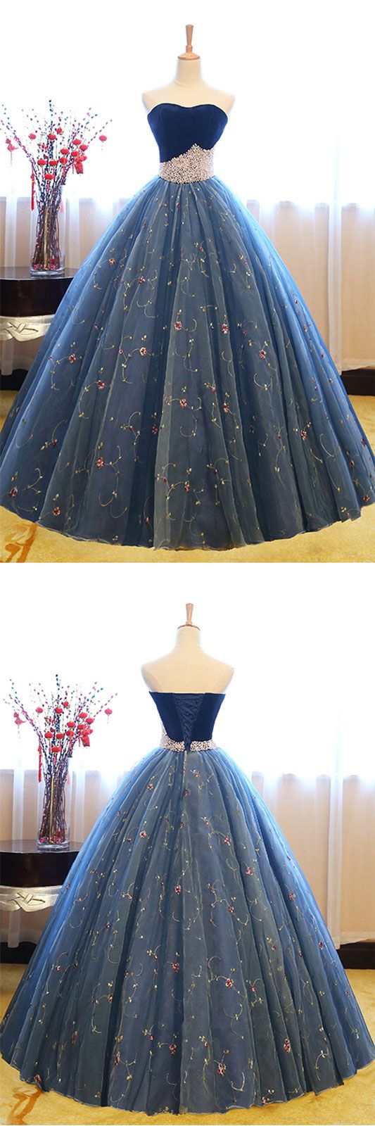 Blue Sweetheart Neck Tulle Long Prom Gown, Blue Sweet 16 Dress