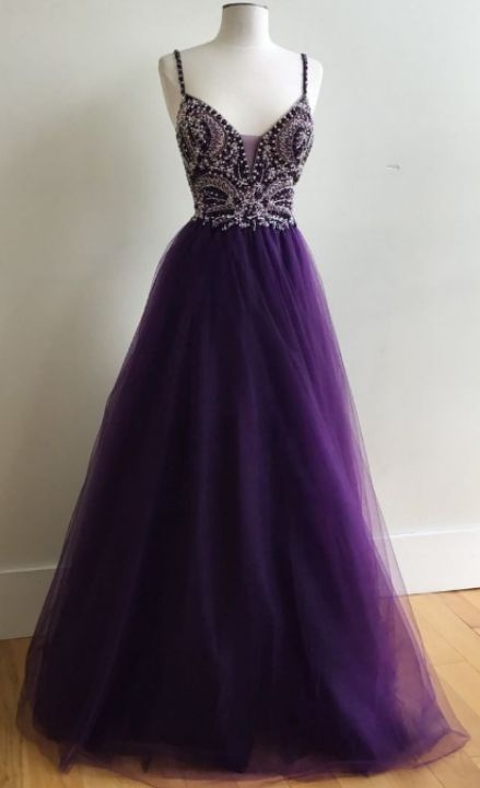 Outlet Purple Prom Dresses, Long Prom Dresses, Long Purple Prom Dresses With Beaded/beading Floor-length Straps
