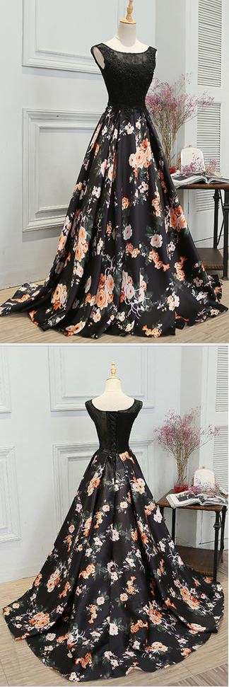 Stylish A Line Long Floral Printed Prom Dress,formal Evening Dress