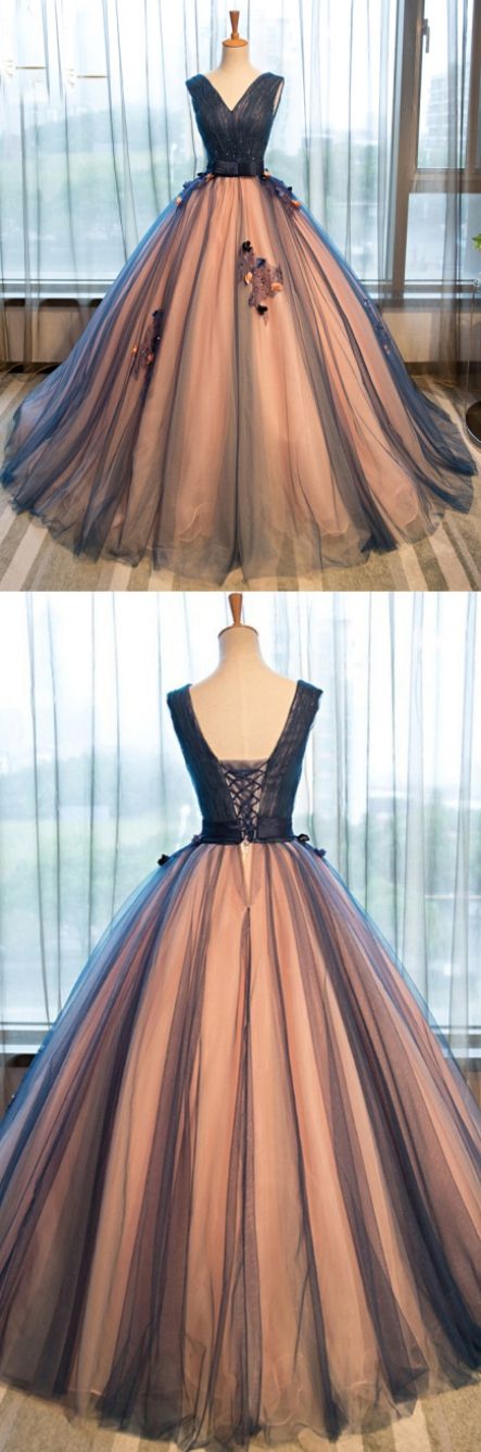 Ball Gown Prom Dresses, Brown Ball Gown Evening Dresses, Ball Gown Long Prom Dresses, Pretty Tulle V-neck Applique A-line Long Evening Dresses