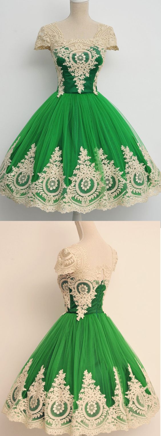 Gown Homecoming Dresses, Green Ball Gown Homecoming Dresses, Gown Short Homecoming Dresses, Sexy Homecoming Dress Square Appliques Tulle Short
