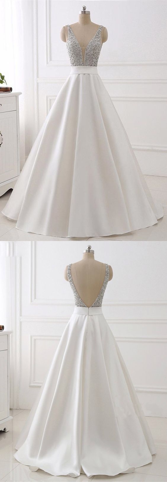 Ball Gown Deep V-neck Sweep Train White Satin Prom Dress With Beading,custom Made