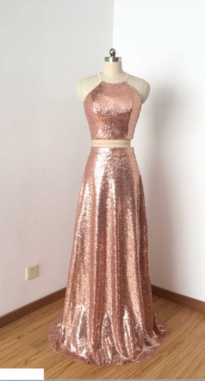Two Pieces Halter Sequins Long Prom Dresses