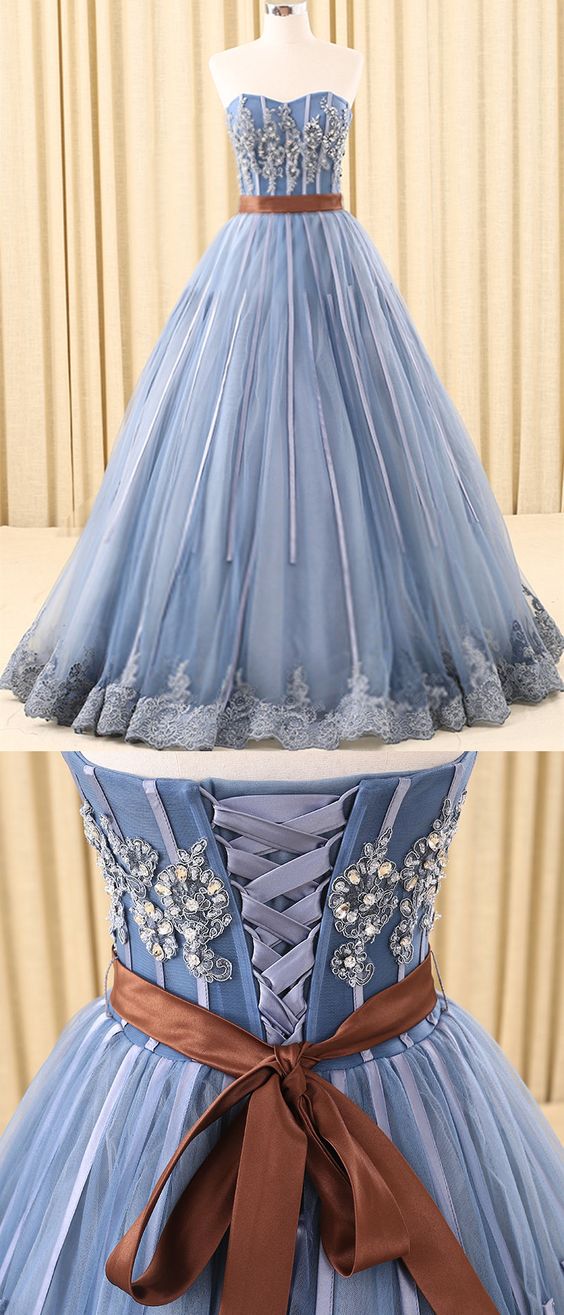 A-line Sweetheart Floor-length Tulle Ink Blue Prom Dresses