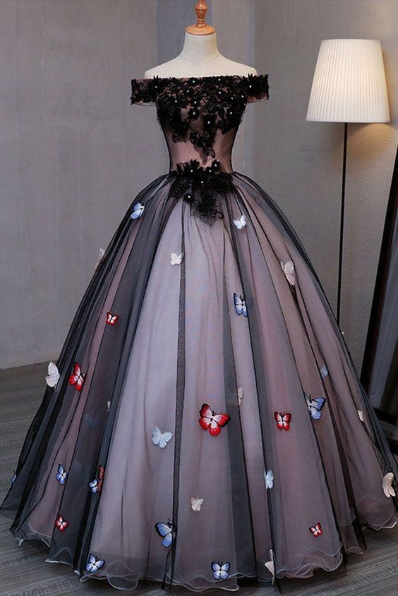 Off Shoulder Prom Dresses Princess Black Tulle Long Evening Dress With Butterfly Appliques