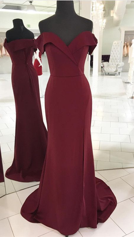 V-neck Off Shoulder Long Burgundy Mermaid Prom Dresses Leg Split on Luulla