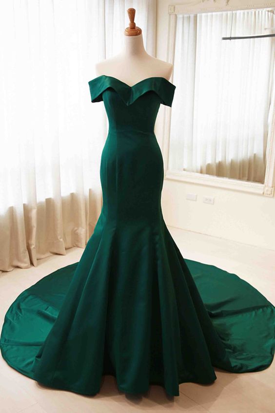 Green Satins Off-shoulder Simple Mermaid Long Prom Dress,formal Dresses