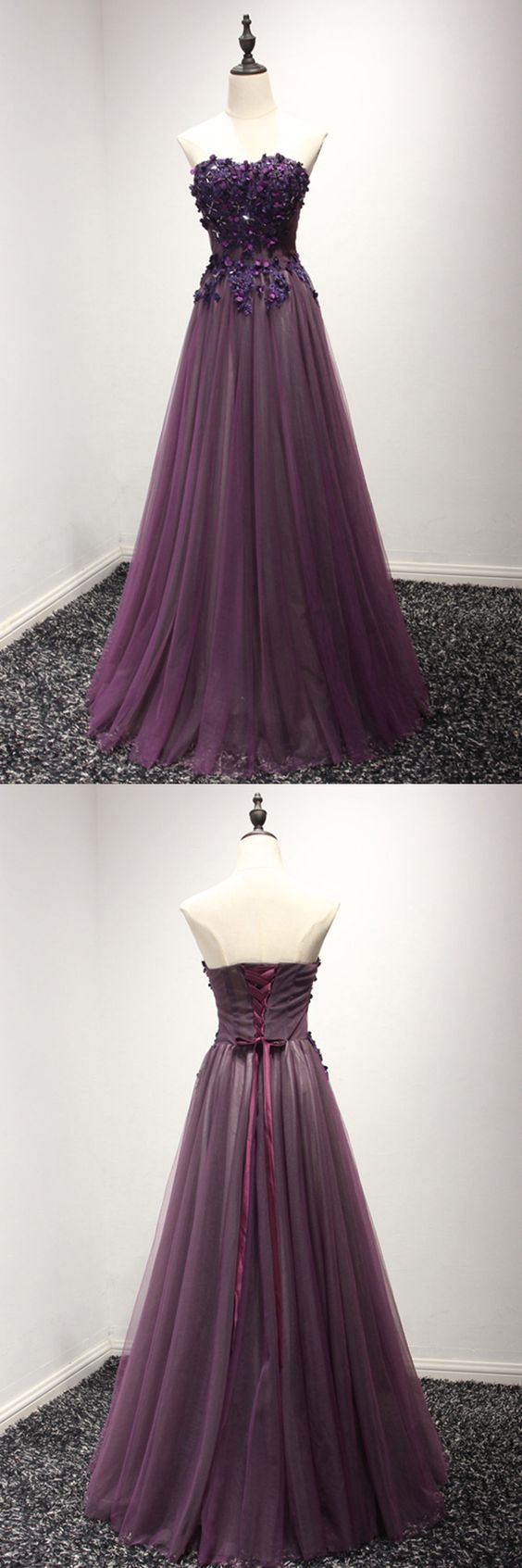 Purple Party Dress Long Floral Prom Formal Dress Strapless Evening Dress