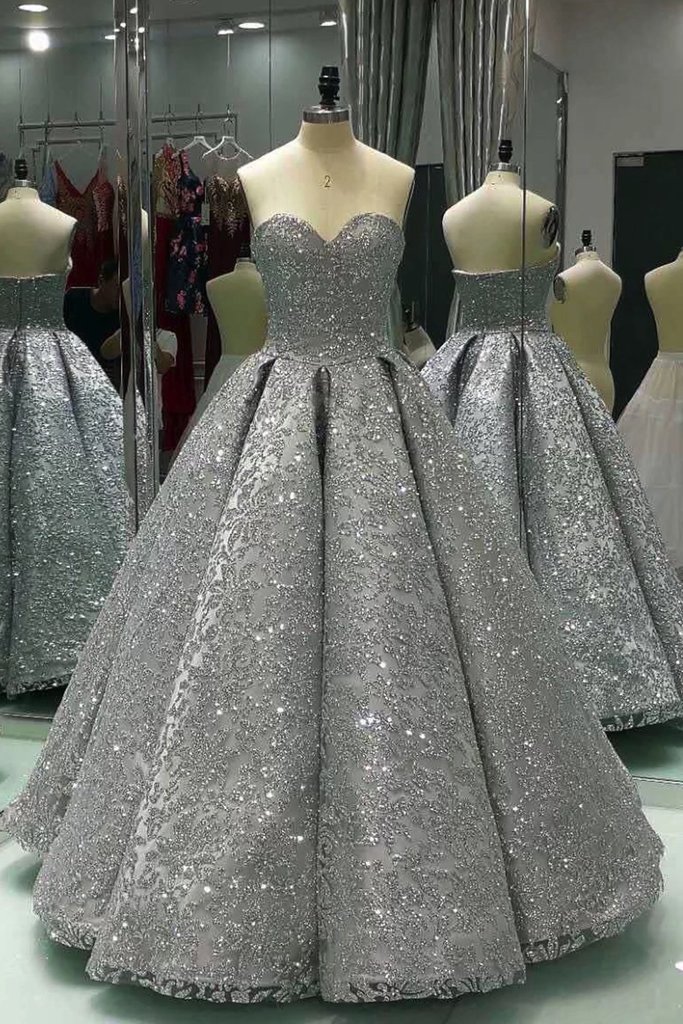 Sweetheart Gray Sleeveless Long Ball Gown Shiny Sequin Prom Dresses