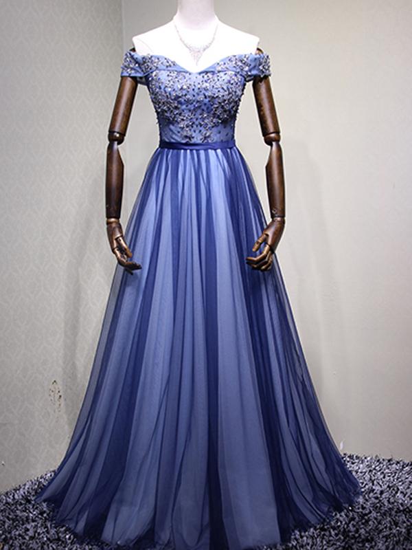 Off Shoulder Blue Tulle Beaded A-line Long Evening Prom Dresses