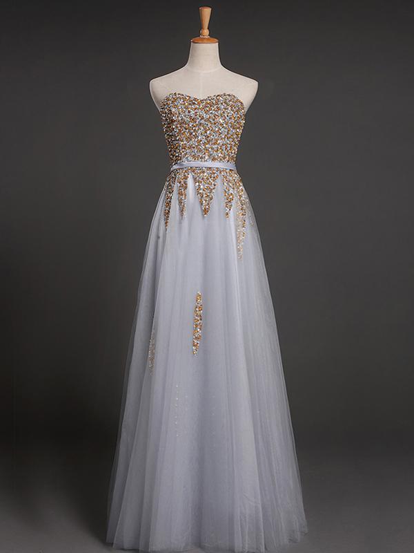 Strapless Sweetheart Grey Tulle Beaded A-line Long Evening Prom Dresses