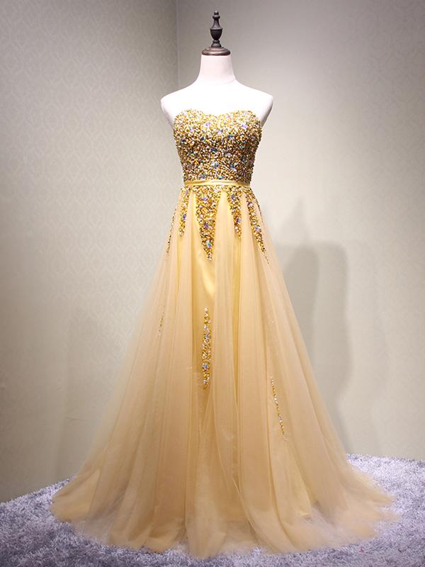 Strapless Sweetheart Gold Tulle Beaded A-line Long Evening Prom Dresses