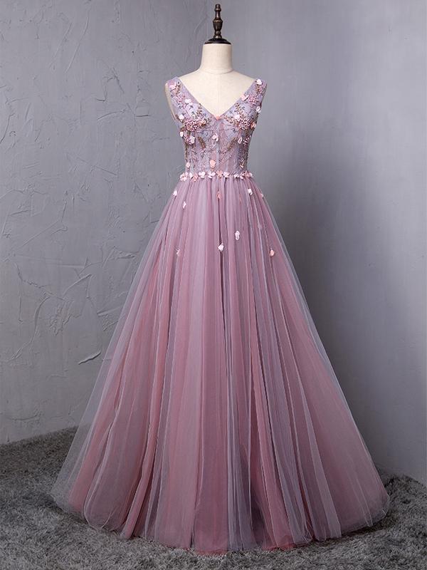 Dusty Purple V Neck A-line Tulle Long Evening Prom Dresses