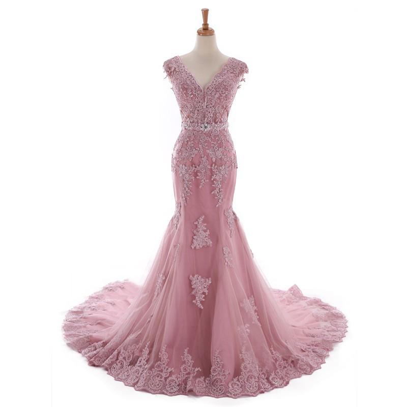 Sexy Lace Mermaid V Neckline Dusty Pink Long Evening Prom Dresses, Popular Long Party Prom Dresses