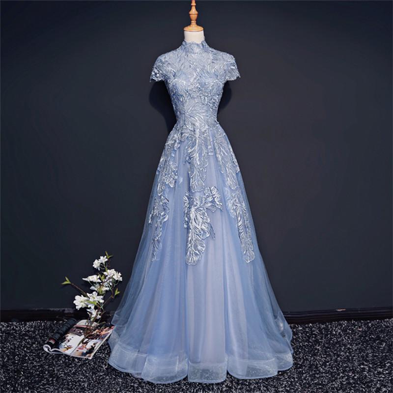 Modest High Neckline Short Sleeve Dusty Blue Long Evening Prom Dresses, Popular Long Party Prom Dresses