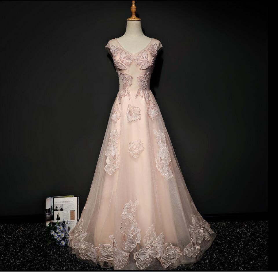 Blush Pink Cap Sleeve V Neckline Lace Long Evening Prom Dresses, Popular Party Prom Dresses, Custom Long Prom Dresses