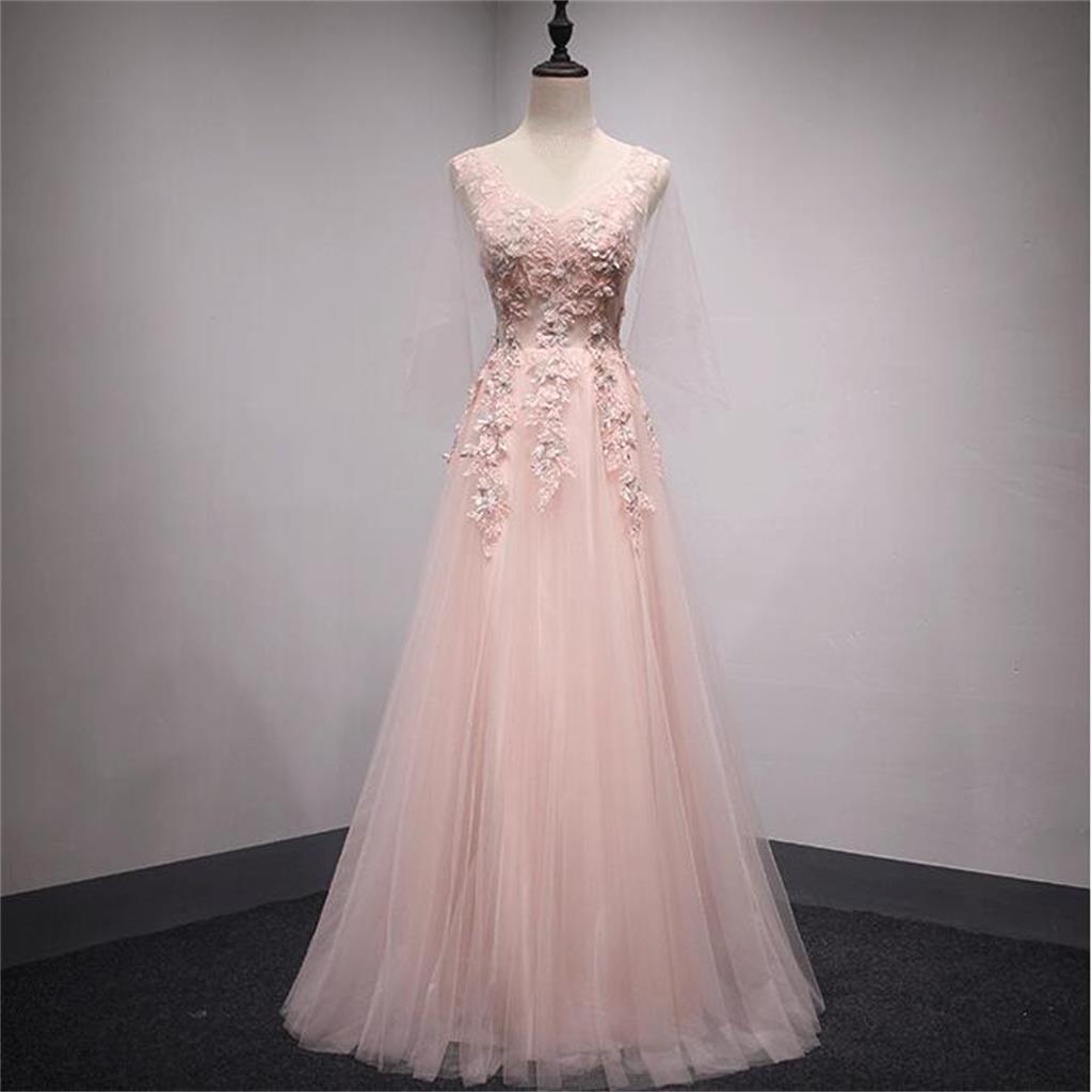 V Neckline Peach Lace Evening Prom Dresses, Popular Lace Party Prom Dresses, Custom Long Prom Dresses, Formal Prom Dresses