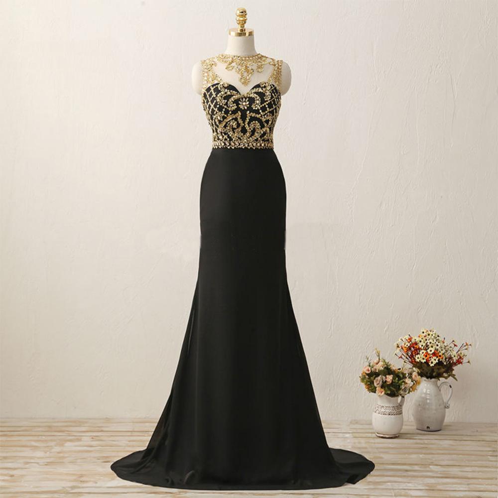 Long Black See Through Mermaid Gold Beaded Evening Prom Dress, Popular Sexy Party Prom Dresses, Custom Long Prom Dresses,