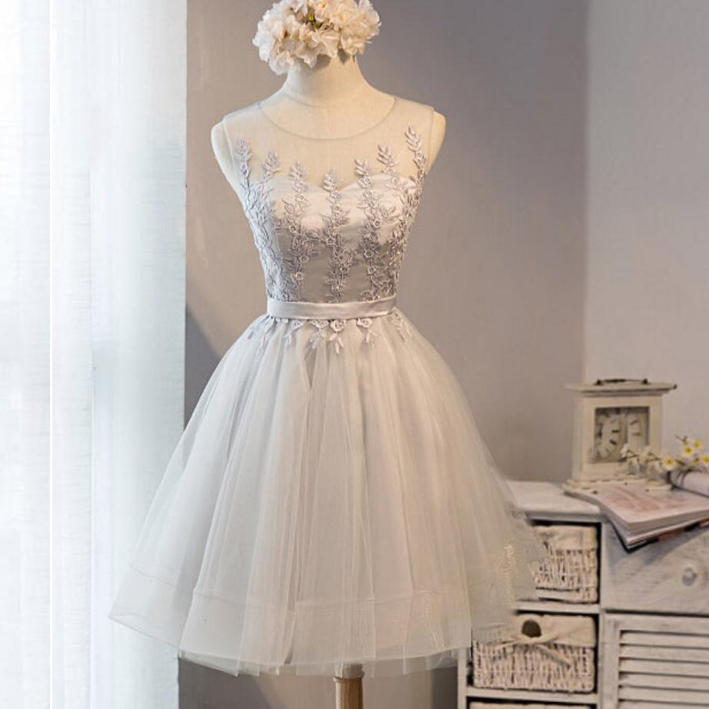 Cute Gray Lace Short Homecoming Prom Dresses, Affordable Short Party Prom Sweet 16 Dresses, Perfect Homecoming Cocktail Dresses