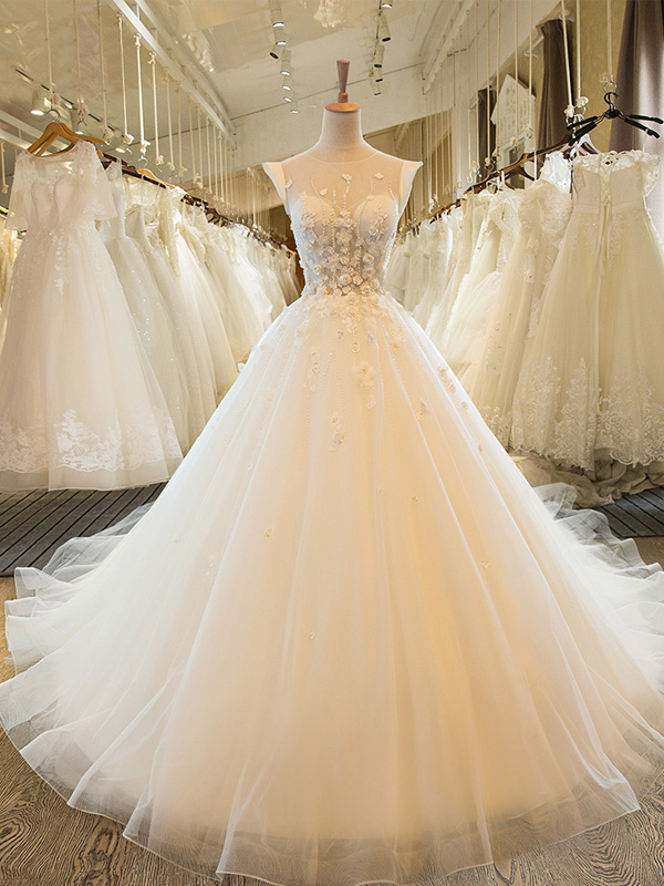 Charming Tulle Wedding Dress, Sexy Ball Gown Wedding Dresses, Scoop Neckline Bridal Dresses