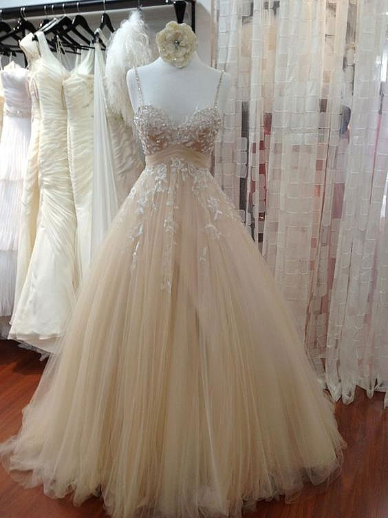 Champagne Sweetheart Neck Tulle Lace Prom Dress, Evening Dress, Formal Dress,prom Gowns