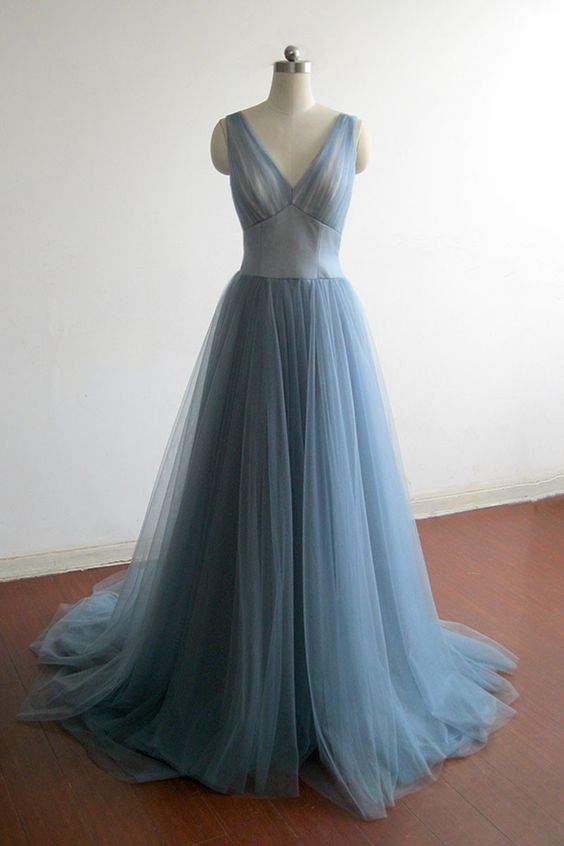 Elegant Blue Tulle Prom Dress, V-neck Prom Dress, Ball Gown