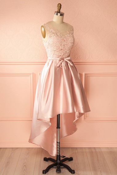 Pink Lace High Low Homecoming Dress, Simple Pink Bowknot Prom Dresses