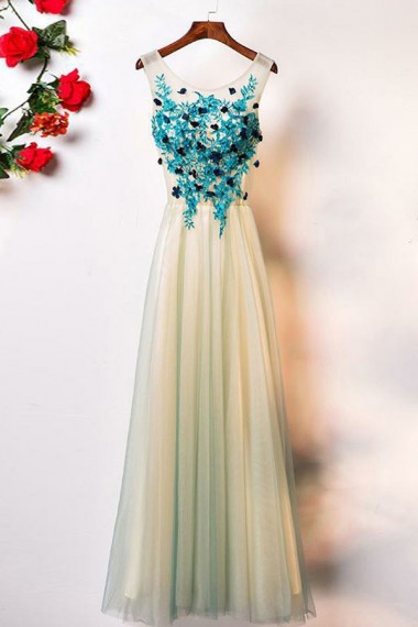 A-line Crew Floor-length Sage Tulle Sleeveless Prom Dress With Appliques