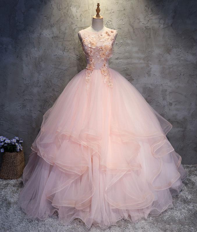 Charming Ball Gowns Round Neck Pink Tulle Long Prom/evening Dress With Flowers