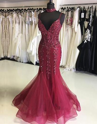 Sexy Burgundy Tulle V Neckline Long Evening Dress, Long Open Back Mermaid Prom Dress