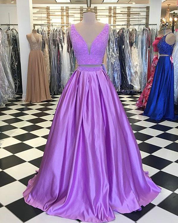 Light Purple Two Piece Prom Dresses With V Neckline Elegant Prom Gowns With Beadings