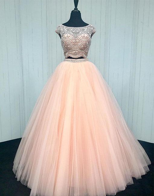 Pink Two Pieces Sequin Beads Tulle Long Prom Dress, Pink Evening Dress