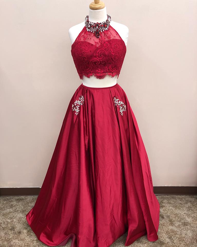 Charming Prom Dress, Two Piece Prom Dresses, Red Long Evening Dress