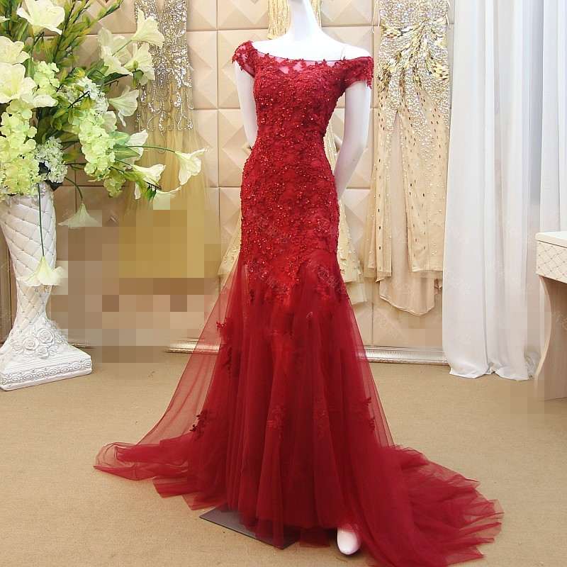 Sexy Bateau Applique Lace Mermaid Wedding Dresses Formal Dress Long Prom Red Party Dress Evening Gown