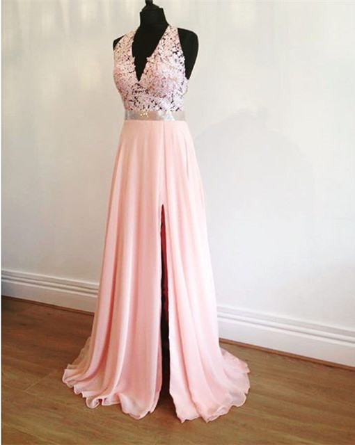 Prom Dress,modest Prom Dress,elegant Lace Halter Pink Chiffon Prom Dresses With Slit