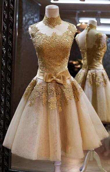 Short Homecoming Dress,Gold Lace Champagne Prom Dress,Homecoming Dresses ,Tulle Short Prom Dresses,Bow Belt Wedding Party Dress,High Neck Short Prom Gowns,Cheap Prom Dresses