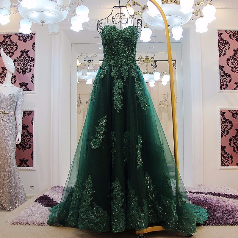 Elegant Green Appliques Long Prom Dresses Sexy Sweetheart Backless A Line Court Train Pageant Party Dress