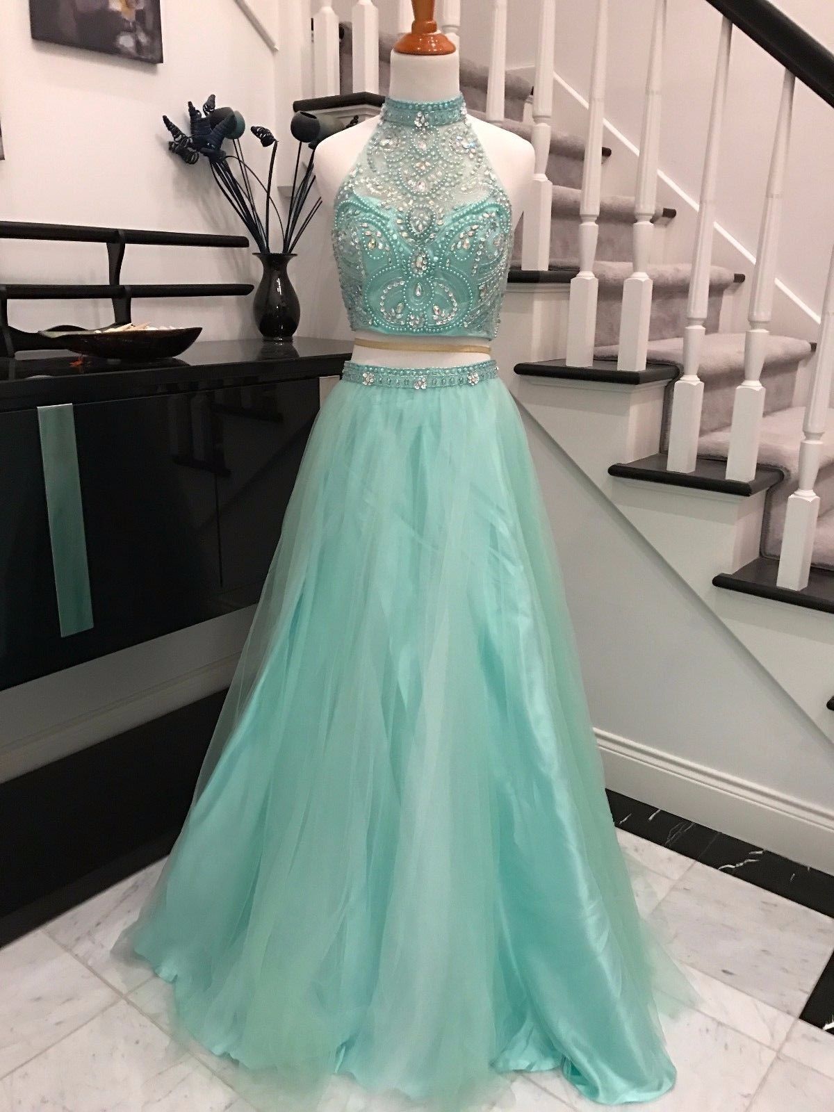 Beaded Embellished Two-Piece Prom Dress, Featuring High Halter Crop Top and Floor Length Tulle A-Line Skirt