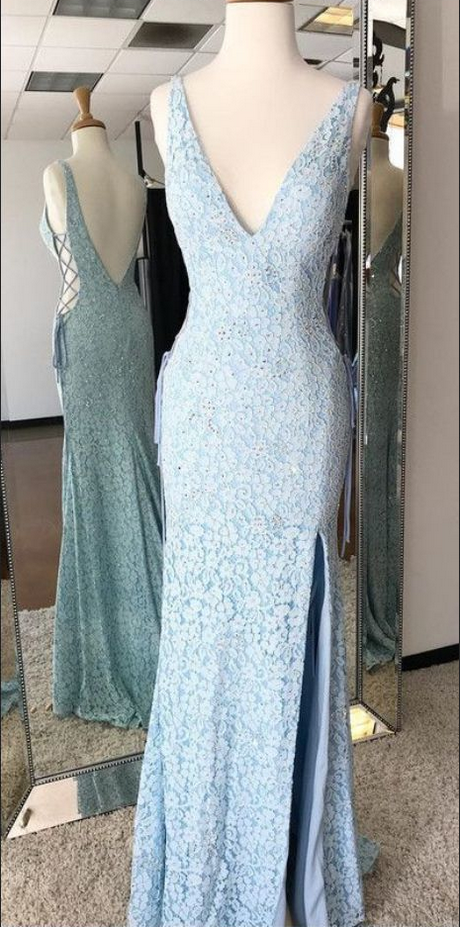 Mermaid V-neck Backless Sweep Train Blue Lace Prom Dress , Prom Dress,formal Dress