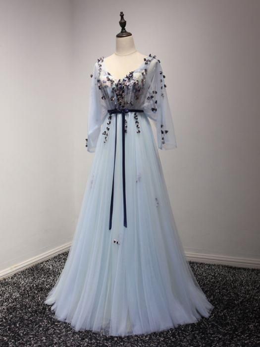 Tulle Prom Dress Long Sleeve A-line Party Dress V-neck Blue Tulle Evening Dress