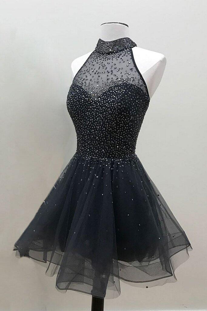 High Neck Beaded Black Tulle Homecoming Dress,a-line Short Prom Dress