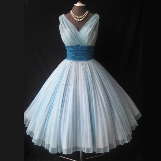 V-neck Sleeveless Tea-length Ice Blue Homecoming Dresses With Pleats Sash,vintage Prom Dress