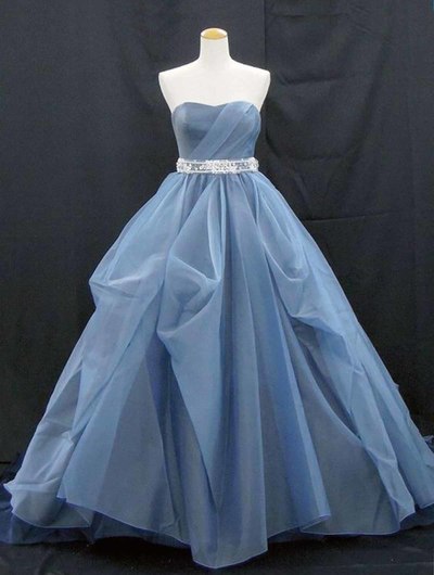 Sweetheart Neck Deep Blue Tulle Long A-line Formal Prom Dress With Lace Belt